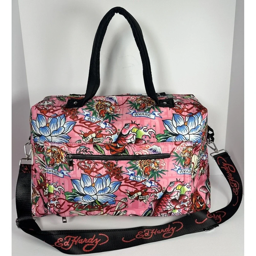 Ed Hardy Pink Tattoo Print Duffel Bag Kills Slowly Rhinestone Skull Weekender